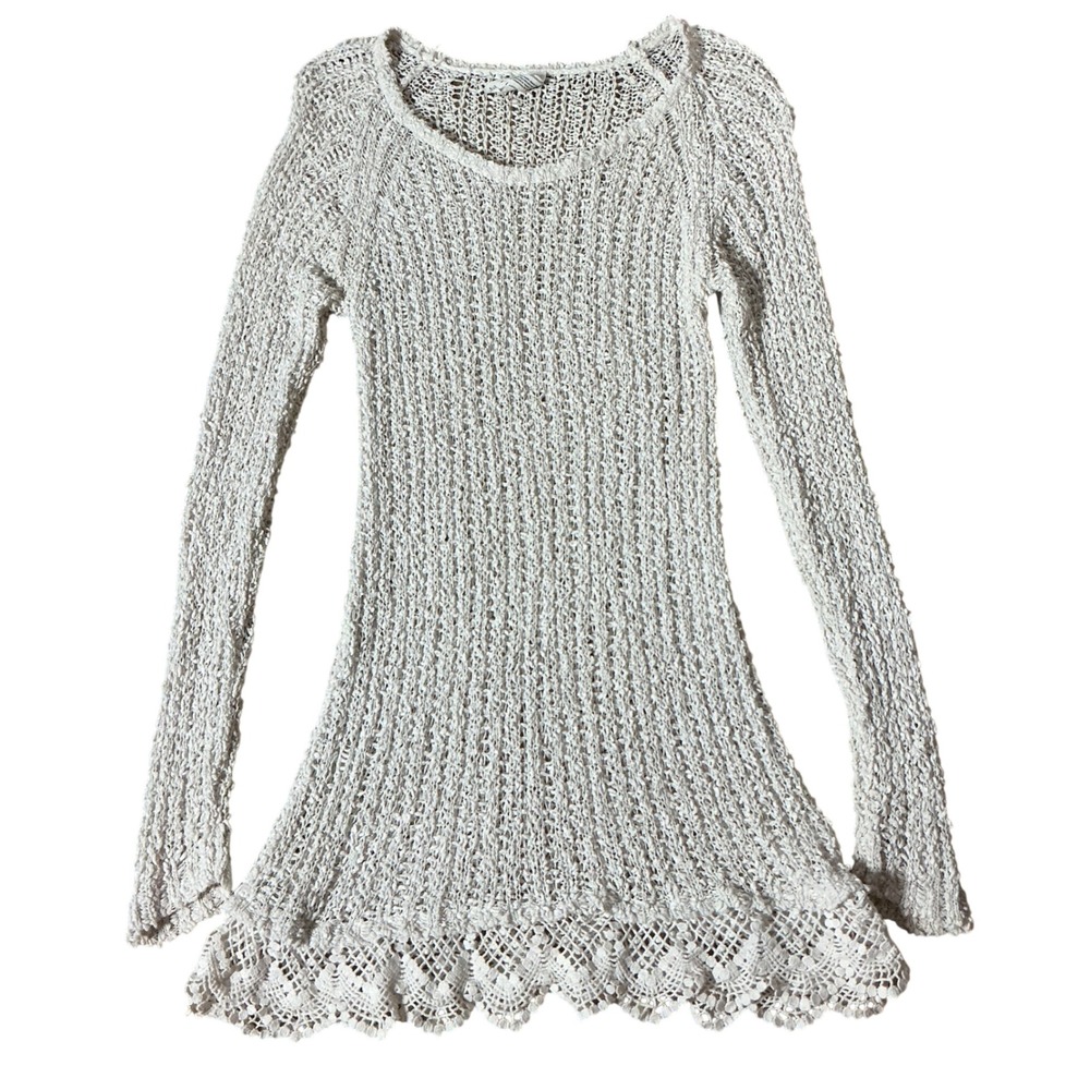 Bethany Mota Beachy Women White Open Knit Crochet Sweater Scalloped Lace Hem M
